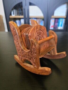 Wooden Coaster Set With Wood Rocking Chair Holder